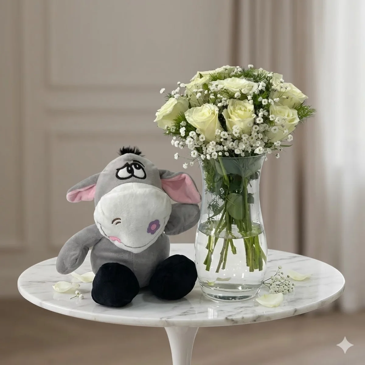 9 Adet Beyaz Gül Peluş Eşşek